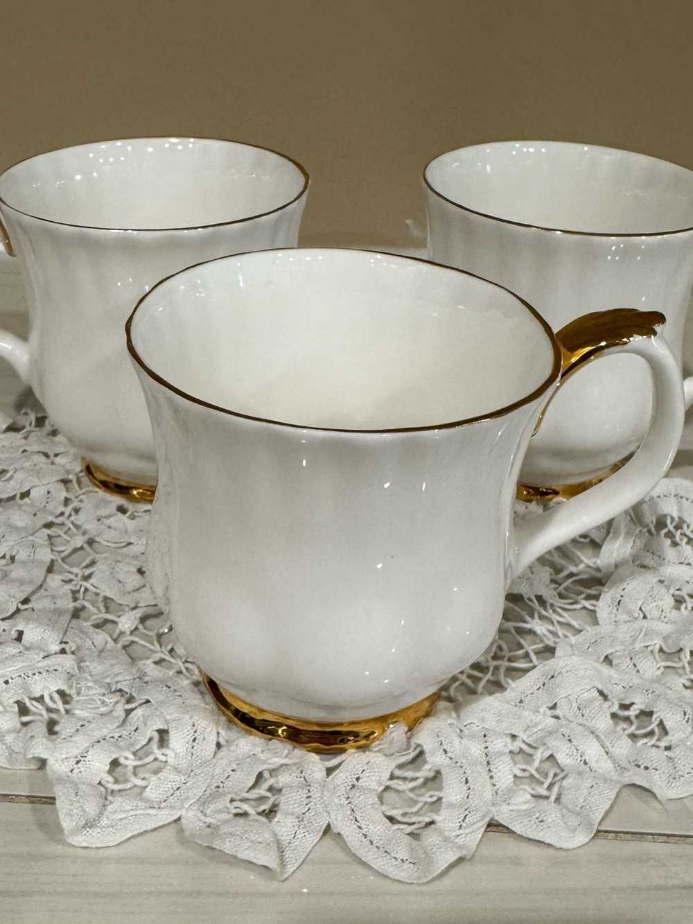 Royal Albert Val D’Or White Bone China  Coffee Cups with Gold Trim - Set of 3